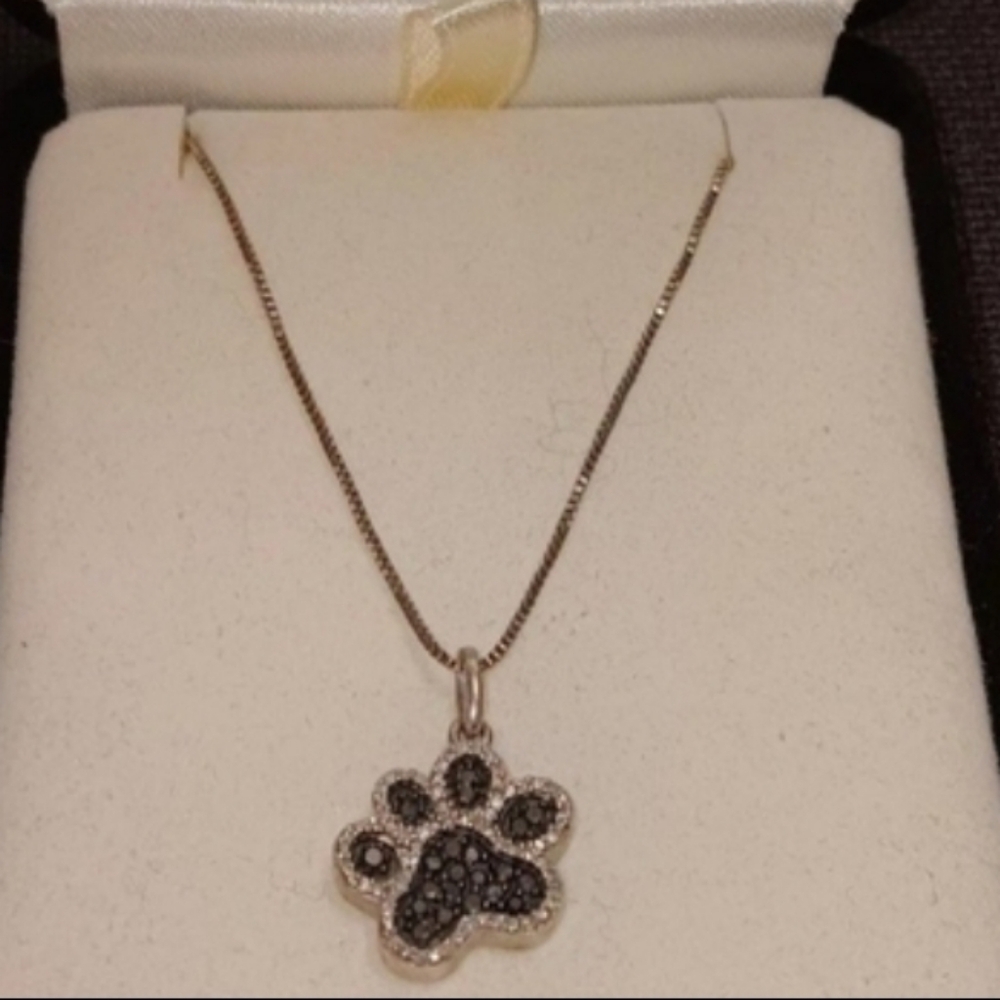 RARE 😻KAY JEWELERS😻 ANIMAL PAW PENDANT NECKLACE 925 Silver Black Onyx Diamond